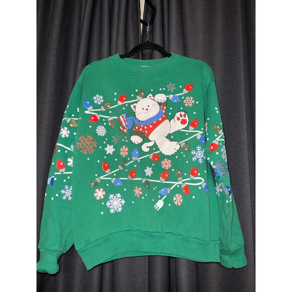 Ugly Christmas Sweater Xmas Sweatshirt Crewneck Size Medium Cat Vintage - Picture 1 of 3